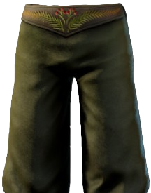 A pair of khaki green loose pants in Enshrouded. This screenshot shows readers what the Fluffy Pants look like.