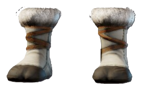 A pair of boots with hoof-like toes and white wraps around the ankle and calf. This shows readers what the Fluffy Boots look like.