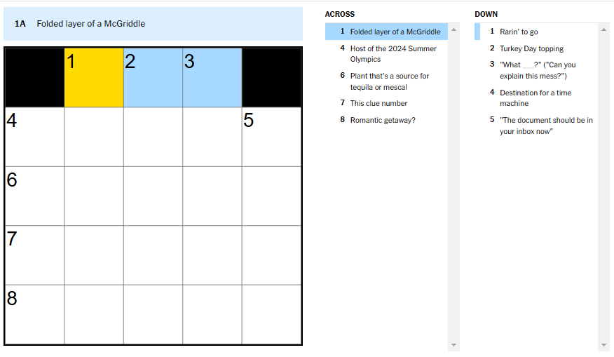 Picture showing the Folded layer of a McGriddle clue in NYT Mini Crossword.