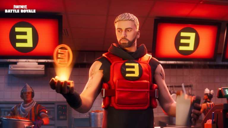 Picture showing Eminem in Fortnite Remix in the Spagetti Grotto.