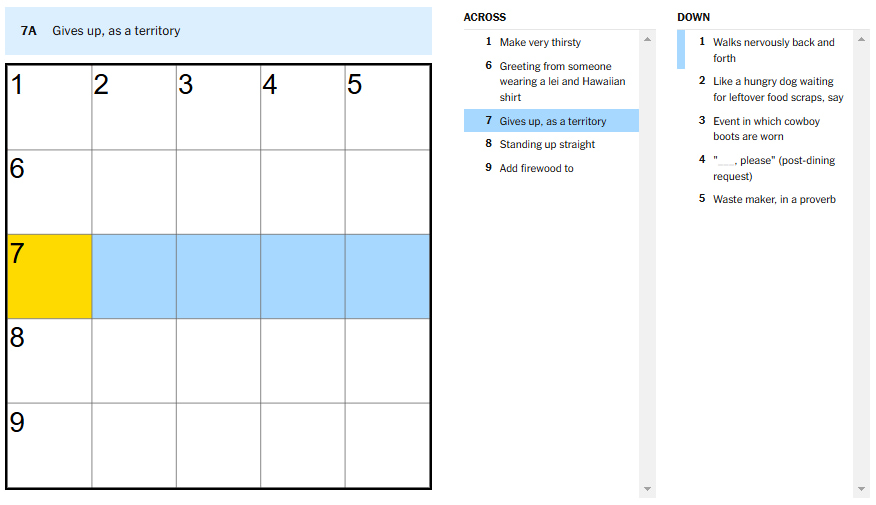 Picture showing the Gives up, as a territory clue in NYT Mini Crossword.