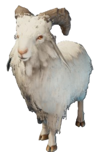 A white goat with brown hors and red eyes in Enshrouded.