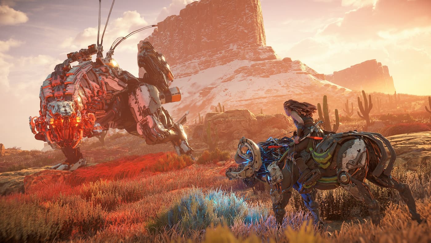 An image of Aloy and a mech in Horizon Zero Dawn Remastered.