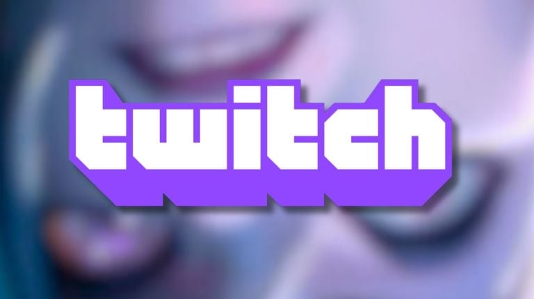 Twitch logo with Jinx from League of Legends blurred and upside down in the back.