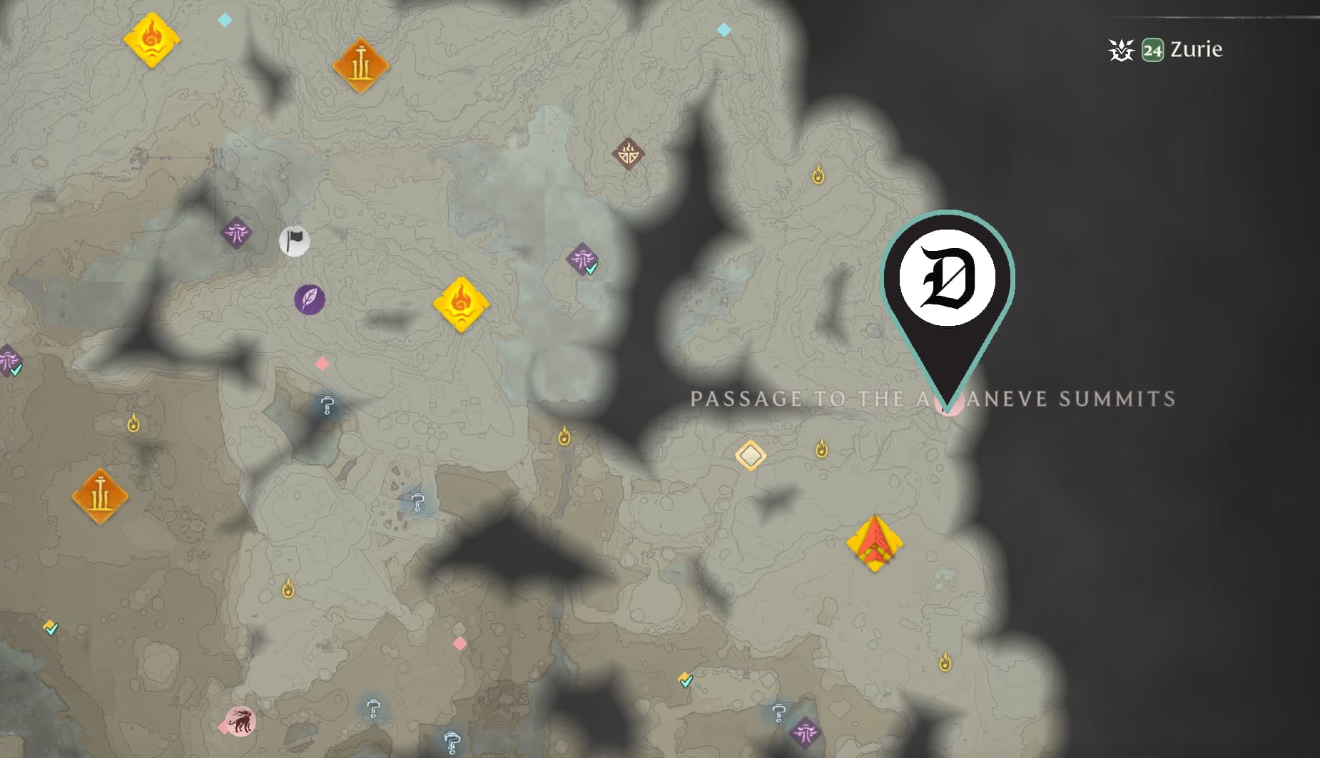 A map from Enshrouded showing readers how to get to the Albaneve Summits and exactly where the passage is in the Kindlewastes region.