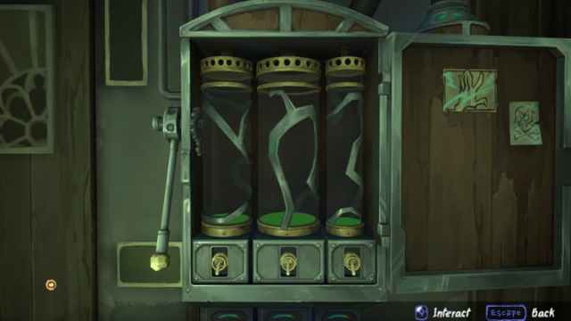 An image of the broken lights from Jinx Fixes Everything Act 2, where you need to fill each cannister with green fluid.