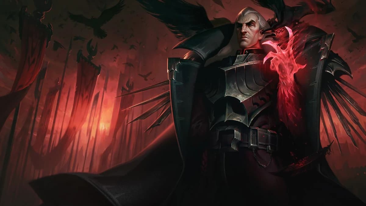 An image of Swain's splash art from League of Legends, which features the general with a red demon hand and several crows.