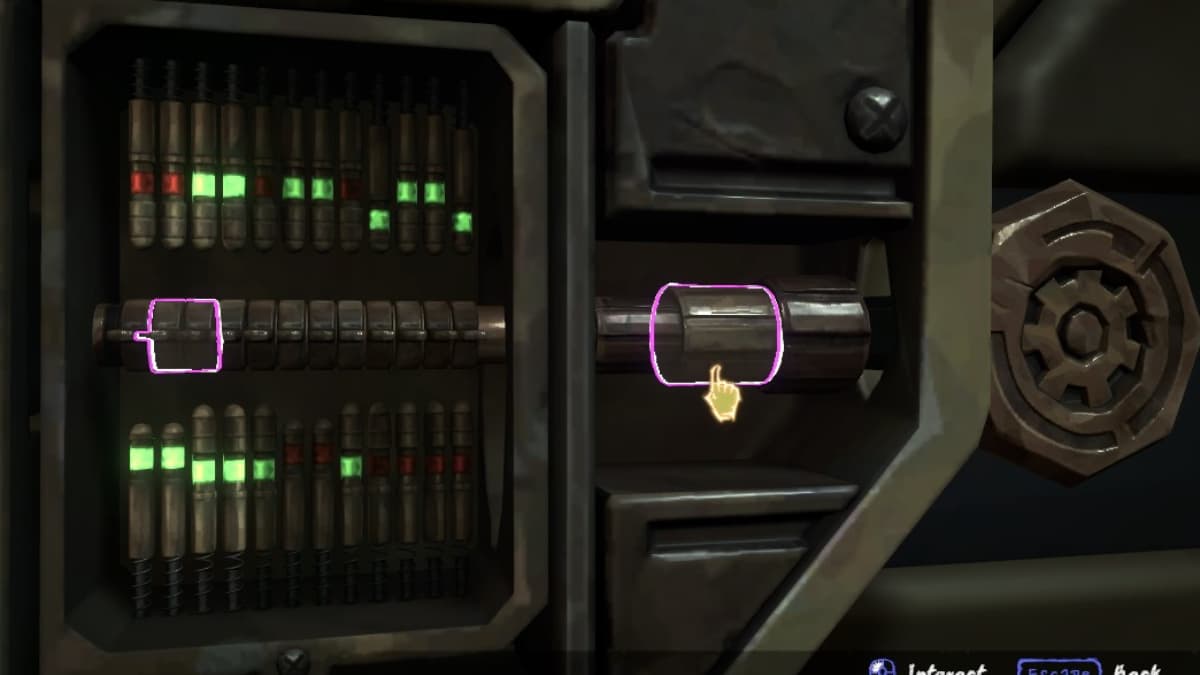 An image from Jinx Fixes Everything of the lockpicking minigame. This unlocks the playing cards, and has three sections you can move to unlock the lock.