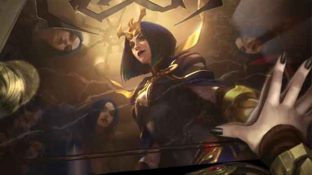 An image from league of Legends of Leblanc staring at her reflection in a table, which features multiple versions of her face.