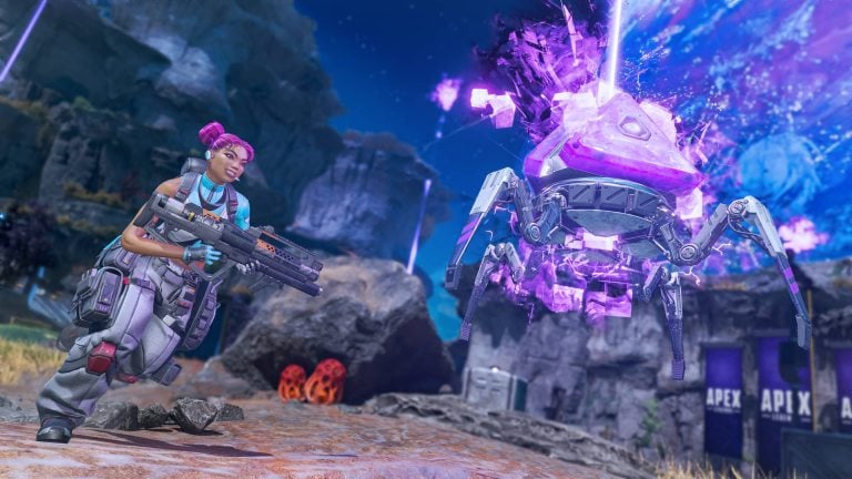 Lifeline runs with a rocket launcher in her hands and a giant purple rift exploding in the sky behind her,