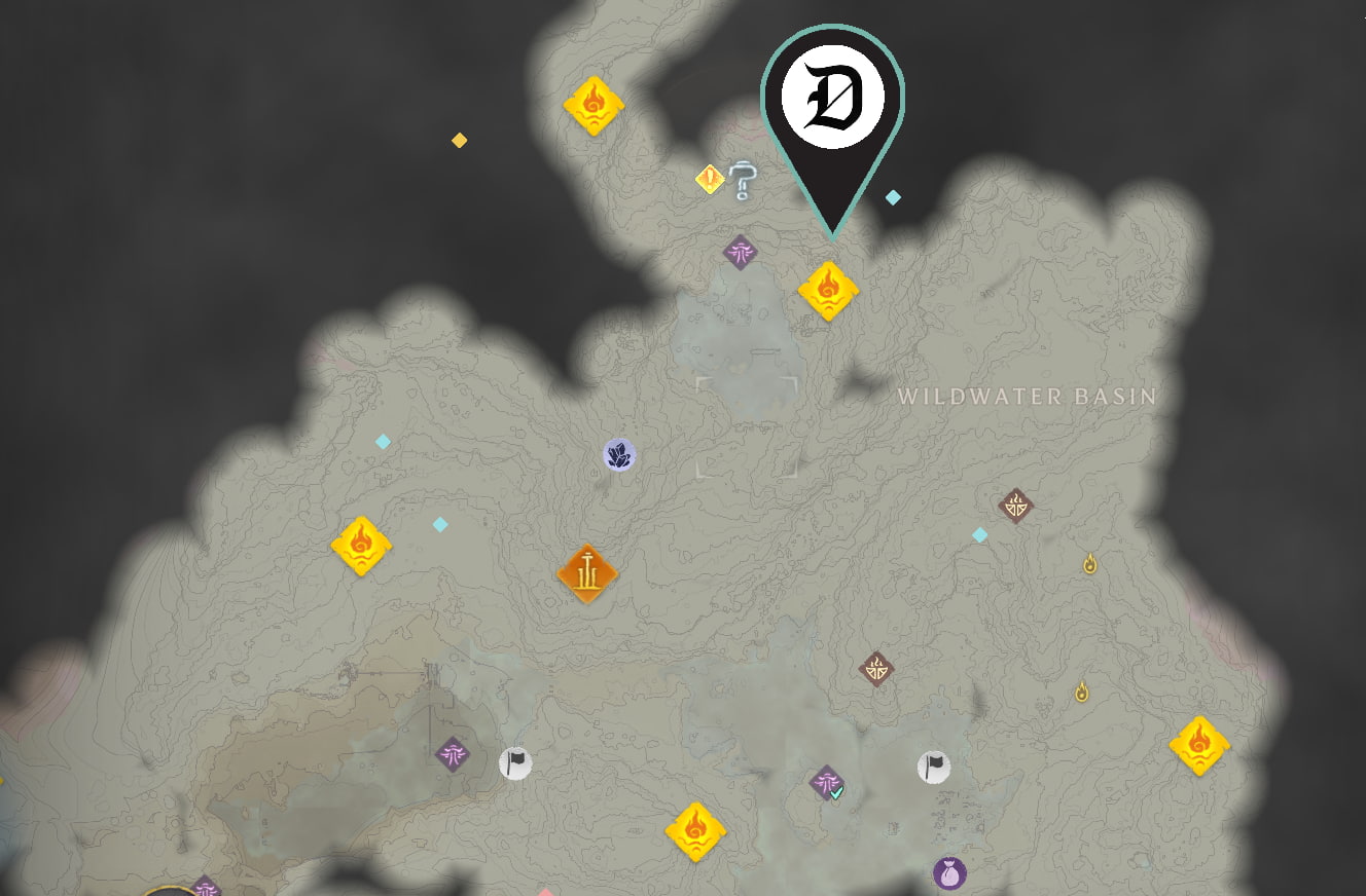 A screenshot from Enshrouded showing a map of the Albaneve Summits and Forge Obsidia, to indicate where readers should go to find the bellows.