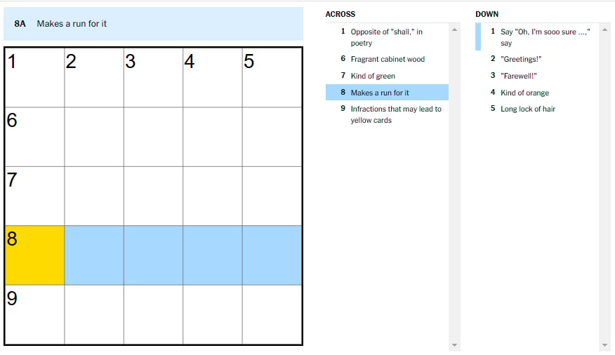 Picture showing the makes a run for it clue in NYT Mini Crossword.