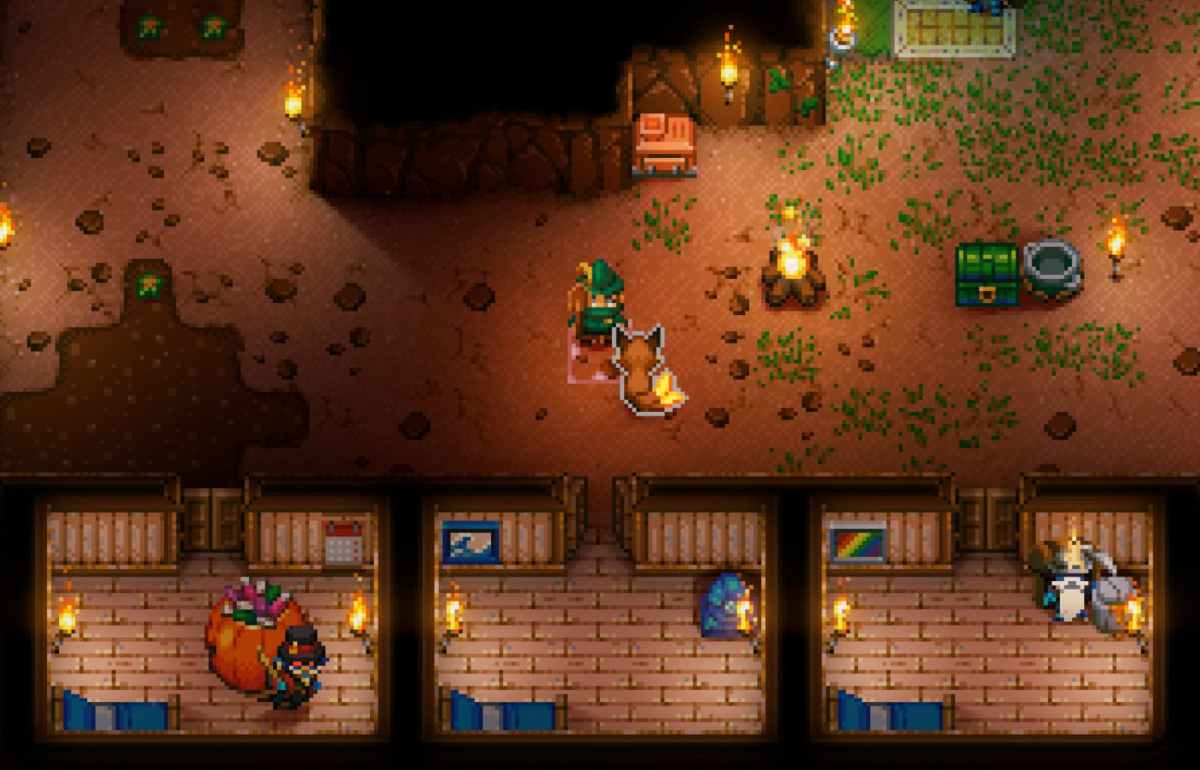 The main character stands in front of three rooms with merchants inside them in Core Keeper