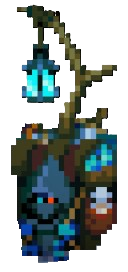 Cloaked Merchant in Core Keeper, a NPC with glowing eyes wearing a navy cape and a long stick and lantern above his head.