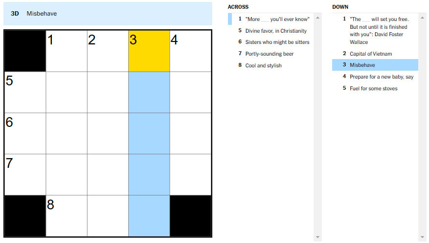 Picture showing the Misbehave clue in NYT Mini Crossword.