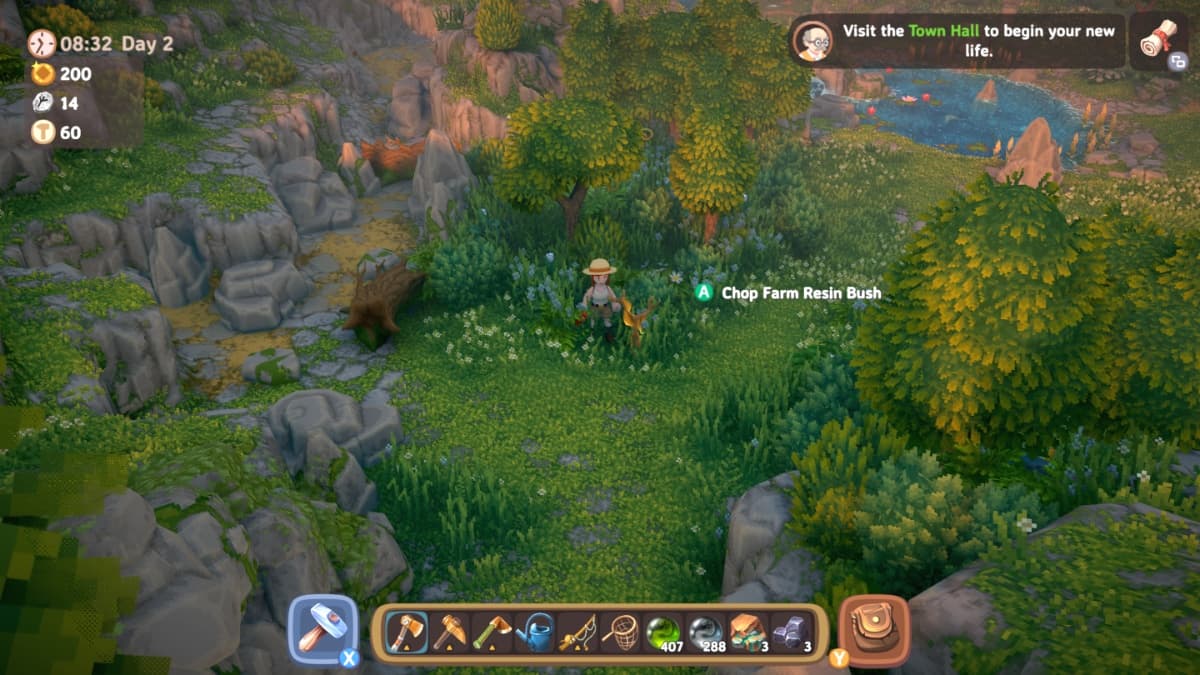 farming for Farm Resin in Luma Island. A character stands in the middle of a forest patch with rocks around them.