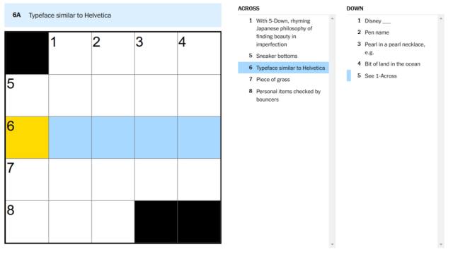 A screenshot of the NYT Mini Crossword with a clue highlighted.