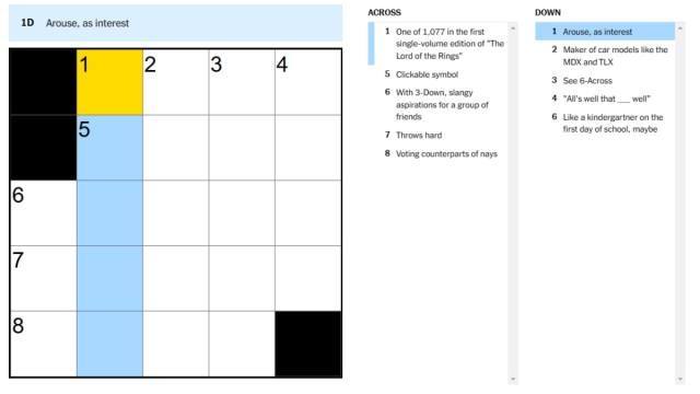 A blank New York Times Mini Crossword with a clue highlighted.