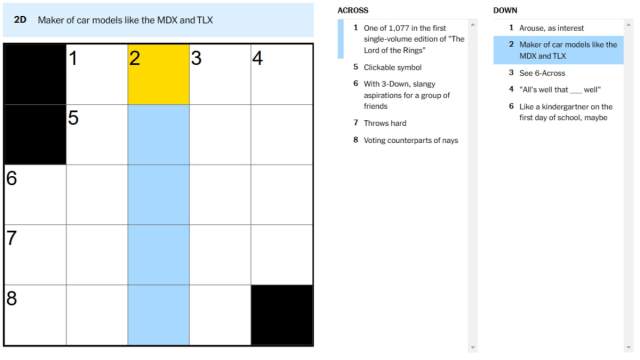 A blank New York Times Crossword puzzle with a clue highlighted.