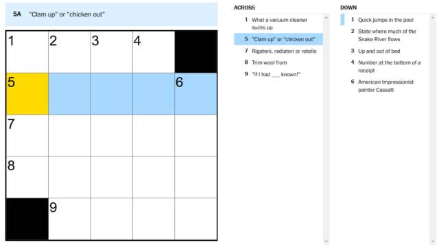 A blank New York Times Mini Crossword puzzle with a clue highlighted.