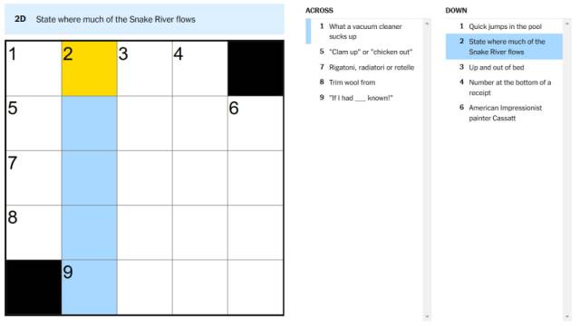 A blank New York Times Mini Crossword puzzle with a clue highlighted.