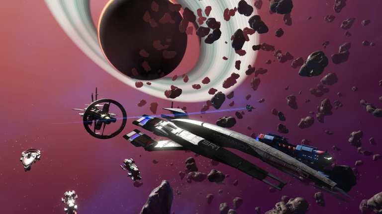 The Normandy, a ship from Mass Effect, sits against a purple space sky with a ringed planet in the background.