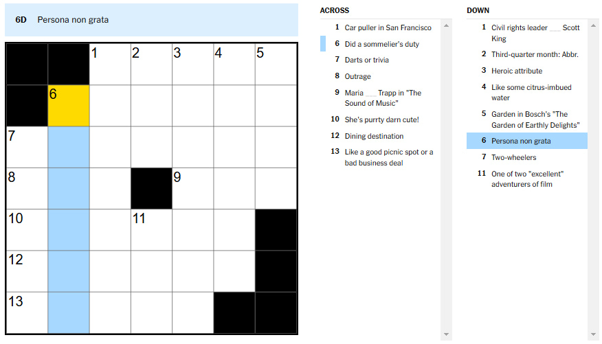 Picture showing the Persona non grata clue in NYT Mini Crossword.