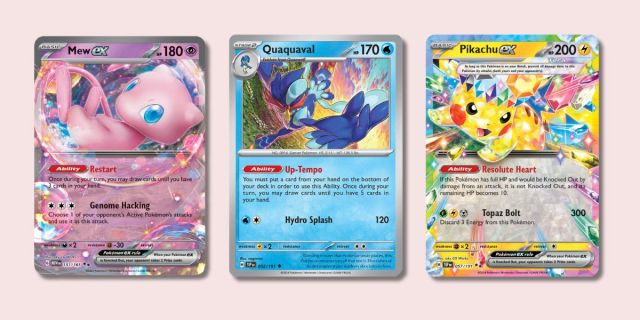 Mew ex, Quaquaval, and Pikachu ex Pokémon cards.