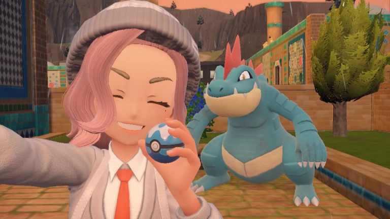 Trainer taking a selfie with Feraligatr in Pokémon Scarlet and Violet.