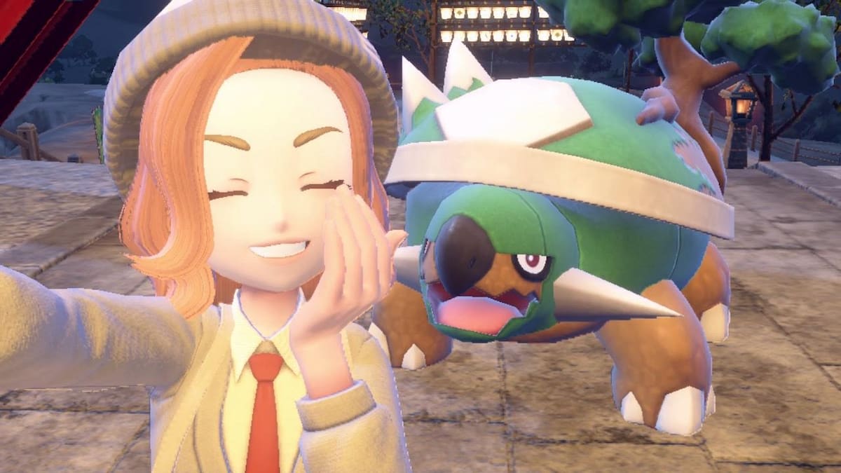 Pokémon trainer taking a selfie with Torterra in Scarlet and Violet.