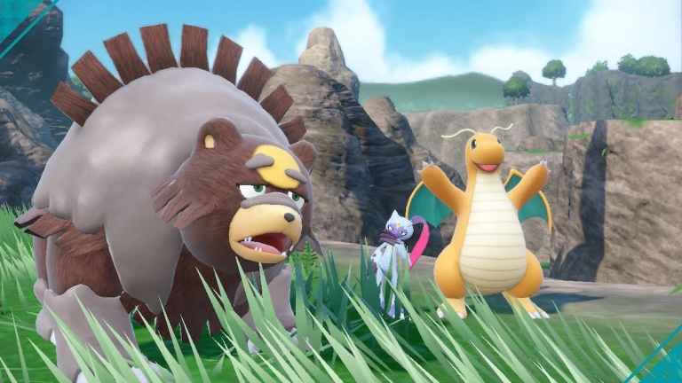 Ursaluna, Sneasler, and Dragonite in a grassy field in Pokémon Scarlet and Violet.