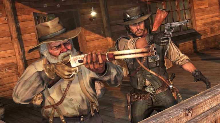 Marston and another character in RDR shooting from their guns.