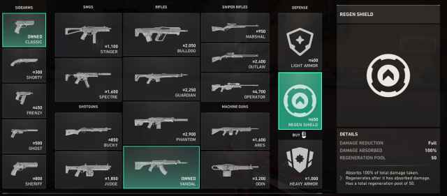 Buy Menu in VALORANT showing Regen Shield and its features