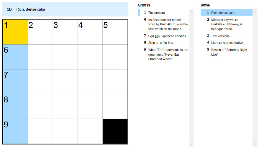 Picture showing the Rich, dense cake clue in NYT Mini Crossword.