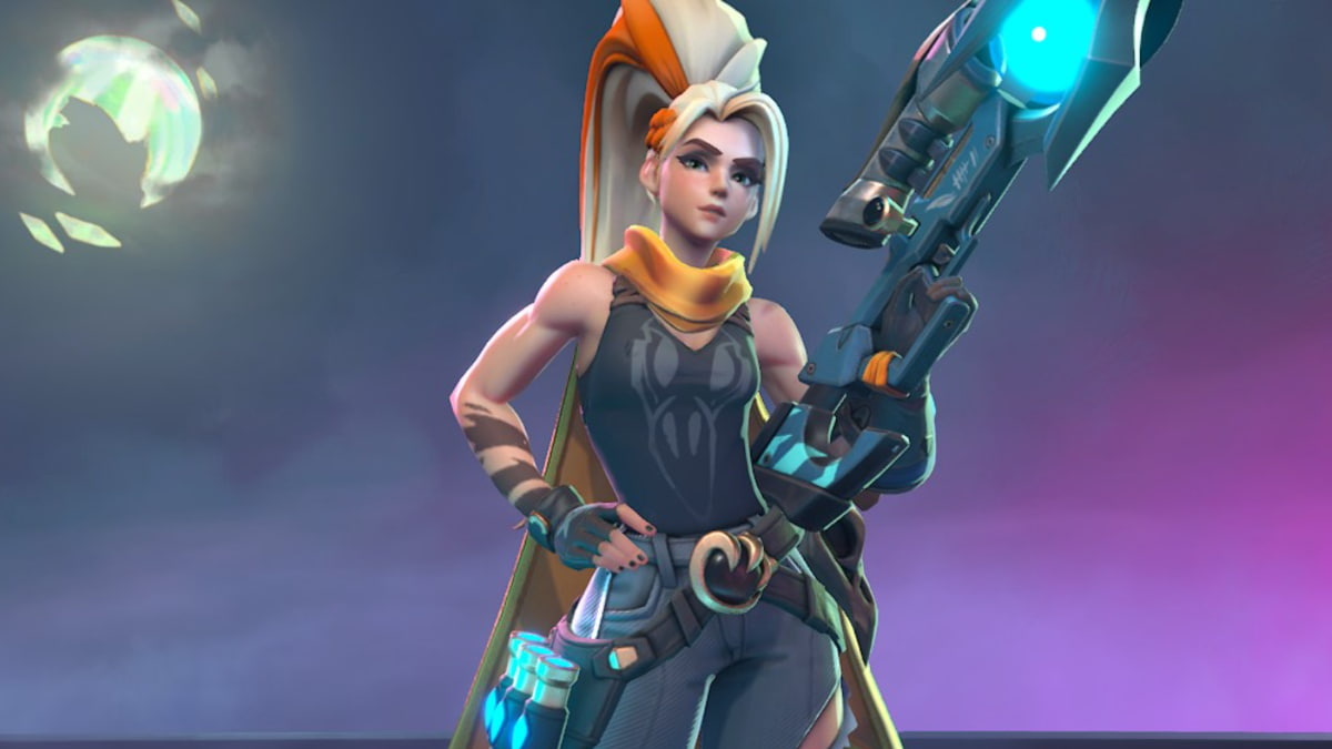 An image of Shrike from SUPERVIVE, a Hunter with a futuristic sniper rifle and a massive ponytail.