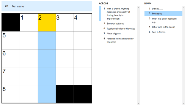 A blank NYT Mini Crossworld puzzle with a clue highlighted.