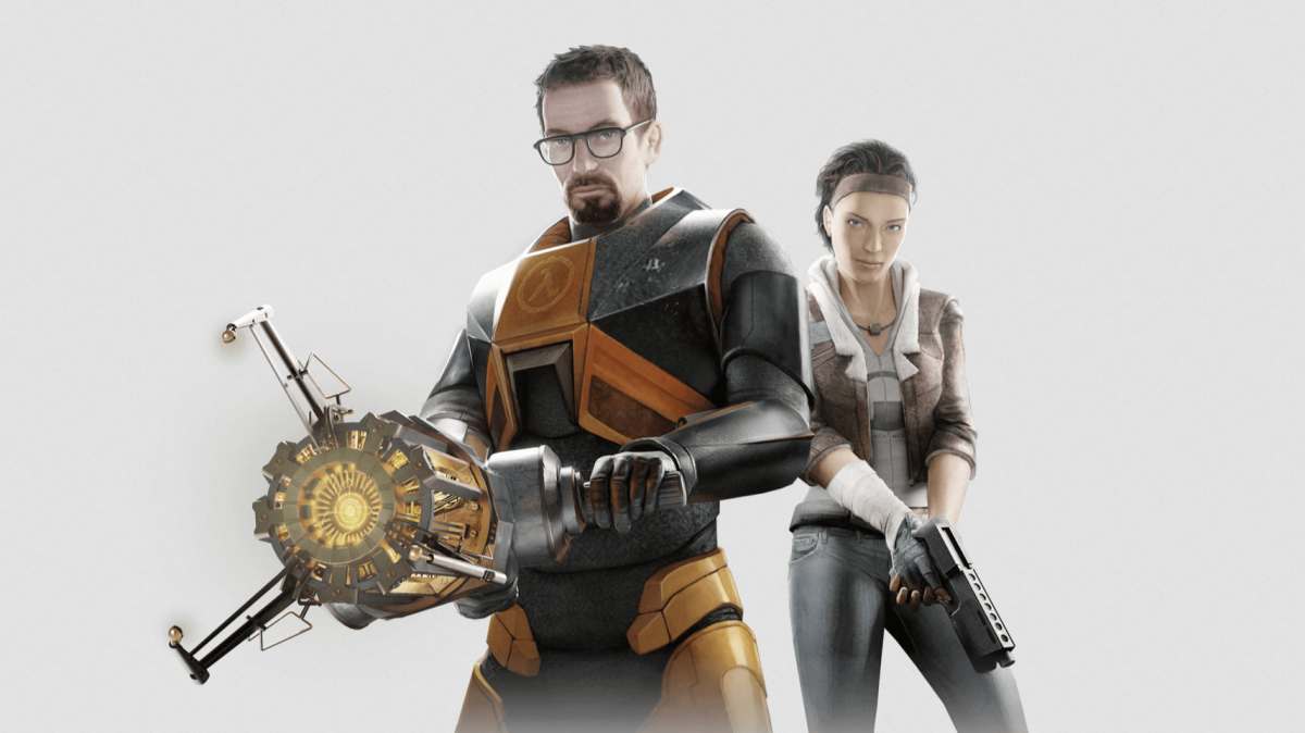 Gordon and Alyx from Half-Life pose with their weapons