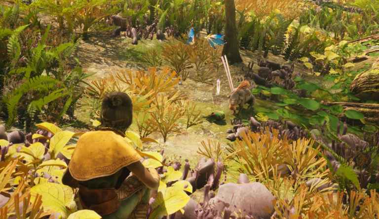 This screenshot from Towers of Aghasba shows a player feeding a mole-rat looking creature against a gorgeous flower-filled background.