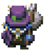 The Seasonal Merchant in Core Keeper, who wears a purple top hat and has blue ears sticking out from underneath his cap.