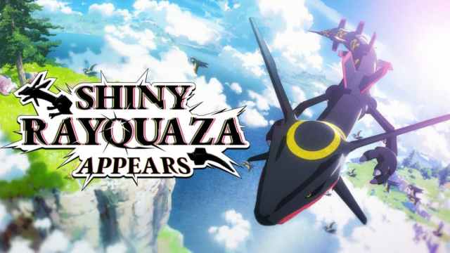 Shiny Rayquaza flying in the sky in a promotional image for Pokémon Scarlet and Violet.