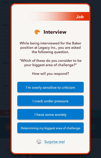 Picture showing the interview question for getting the Baker position in Stud Muffin Challenge in BitLife.