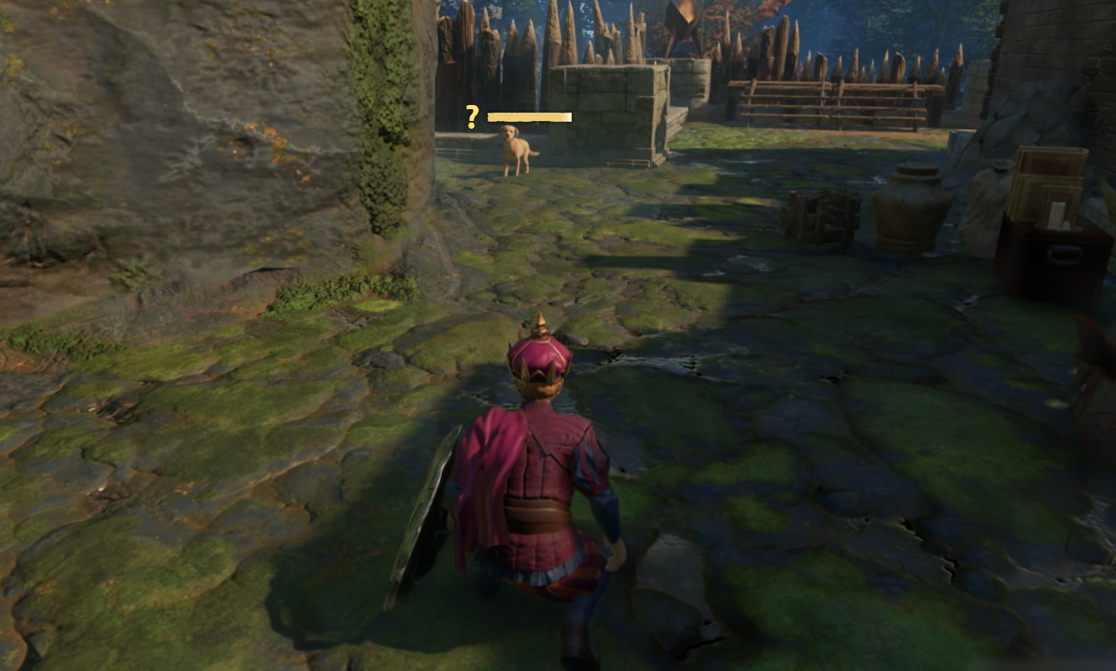 The player character wearing a goofy purple royal outfit crouches in front of a yellow Labrador dog in Enshrouded.