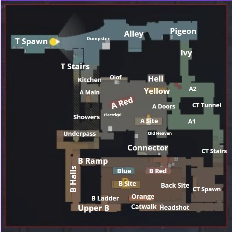 Train Callouts in CS2, a basic map labeled with many names like "T Spawn" and "Dumpster"