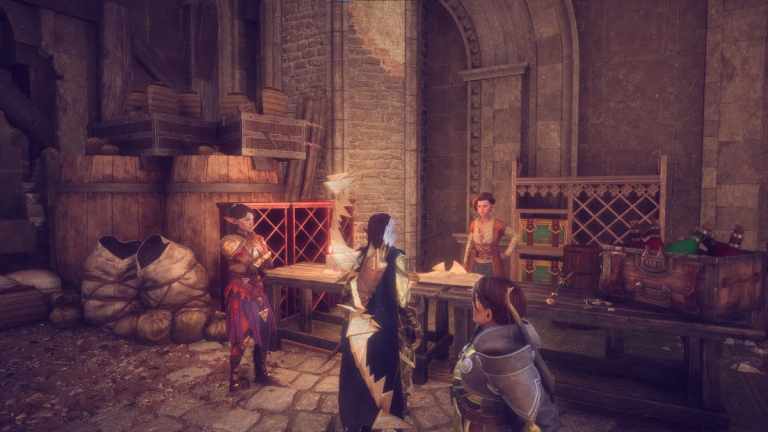 Characters gather around a merchant's table and stacks of wares.