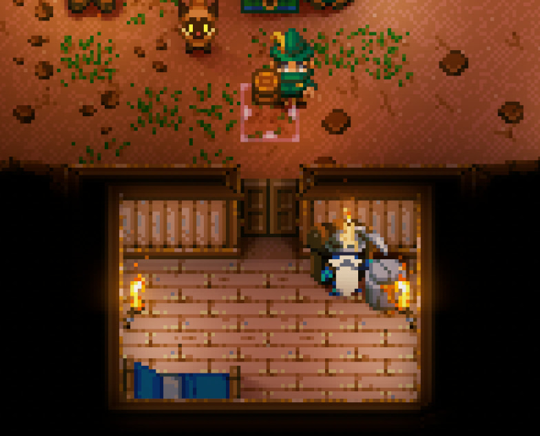 This screenshot from Core Keeper shows readers what a habitable base is, featuring a small room with a bed, two torches, wood flooring and walls, and the merchant's item on the floor in the corner.