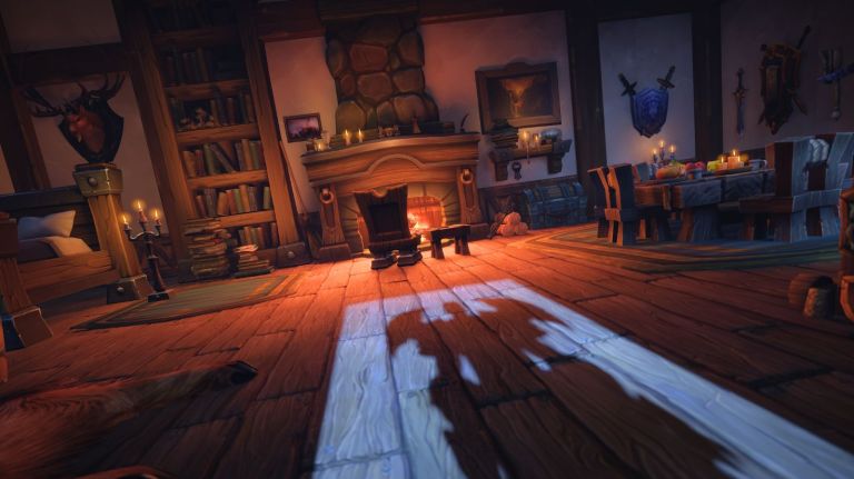 Screenshot of the official player housing reveal from World of Warcraft Midnight stream showing an adventurer walking into their home.