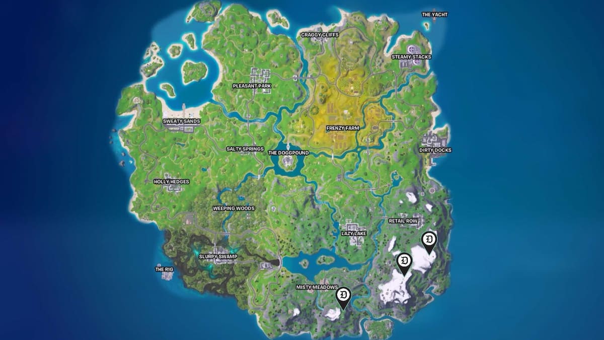 Three base camps marked on the Fortnite Remix Map.