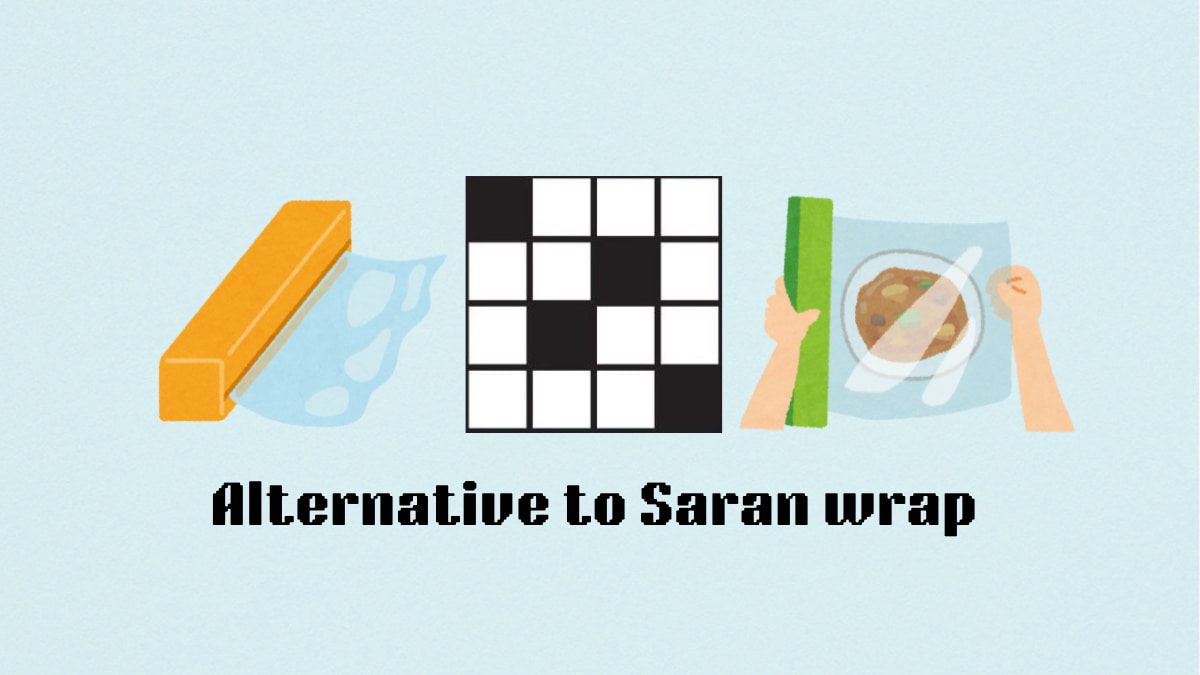 The Alternative to Saram wrap clue next to a Saran wrap and a hand pulling Saran wrap over food for the NYT Mini Crossword clue.