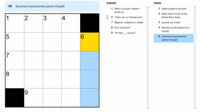 The American Impressionist painter Cassatt clue highlighted on the NYT Mini Crossword.