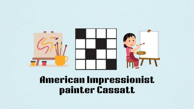 A canvas with paint on it and a woman painting while smiling next to the American Impressionist painter Cassatt clue for the NYT Mini Crossword.